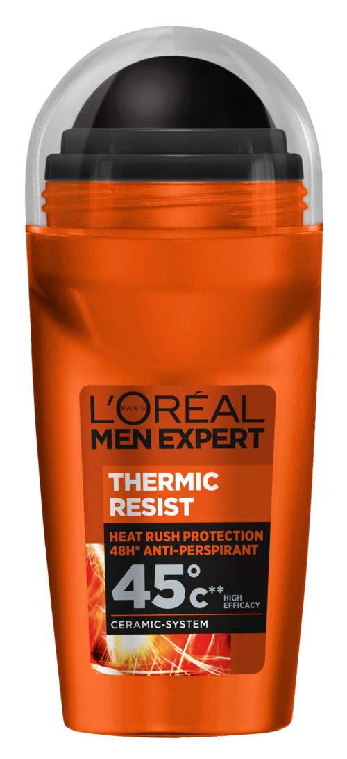 A bottle of L'Oreal Men Expert Thermal Resist anti-perspirant with orange packaging and black cap.