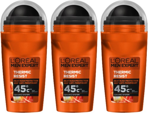 Tre oransje deostick merket L'Oreal Men Expert Thermal Resist, designet for varmebeskyttelse ved 45°C.