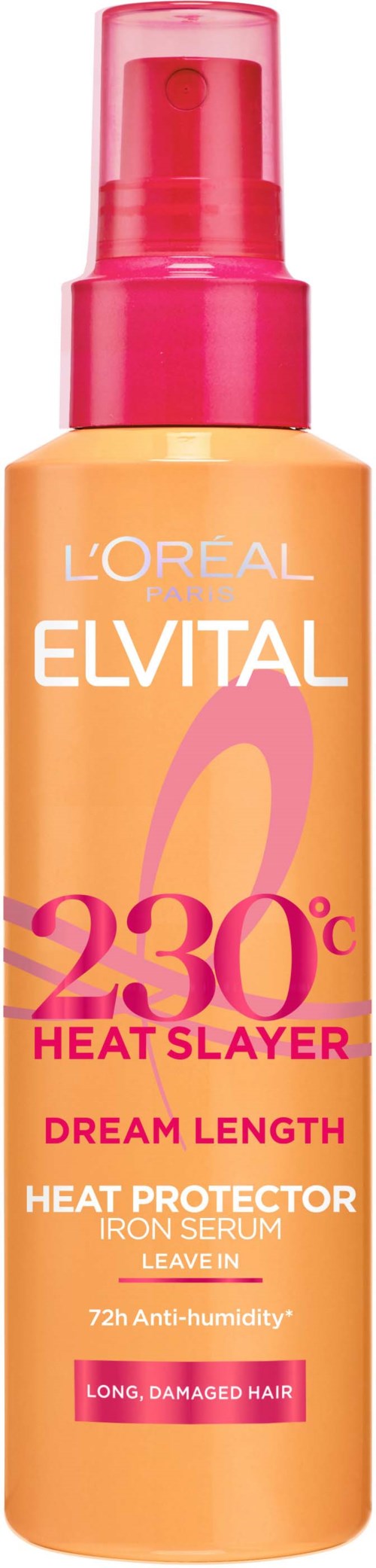 A bottle of L'Oreal Elvital heat protector serum with SPF, designed for long, damaged hair, pink and orange colors.