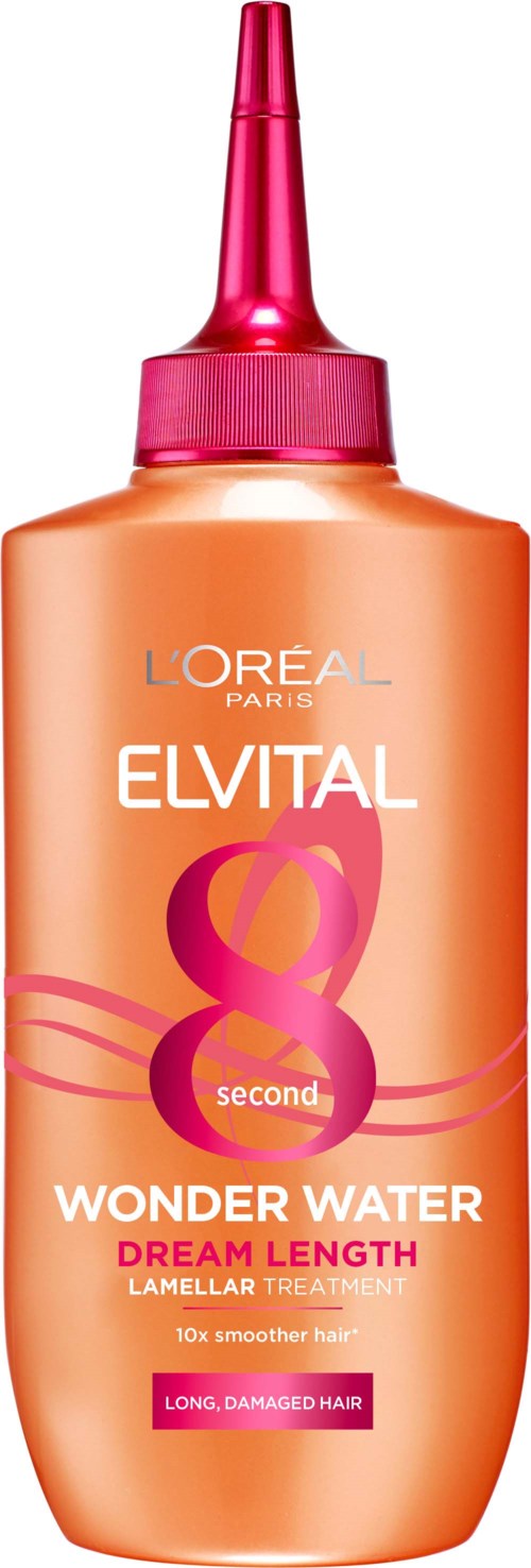 Loreal Elvital Wonder Water pullo, pinkki ja oranssi värejä, nokkainen suutin.