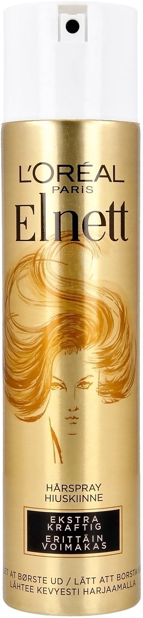 L'Oréal Elnett hårspray med guldfärgad och vit sprayflaska, illustration av en kvinna med styltat hår, och produktnamn.