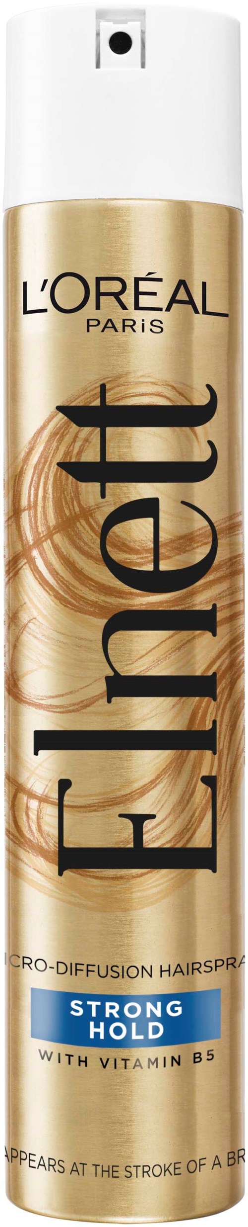 A can of L'Oréal Elnett strong hold hairspray with gold and white packaging and a spray nozzle.