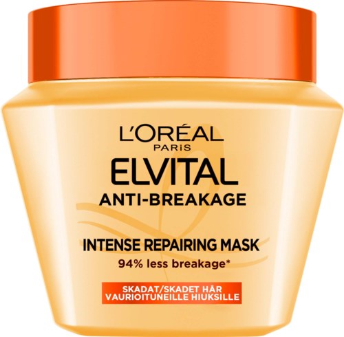 A jar of L'Oreal Elvital Anti-Breakage Intensive Repairing Mask for damaged hair.