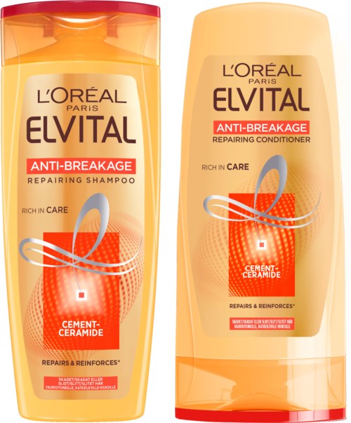 To flasker med L'Oréal Elvital Anti-Breakage sjampo og balsam for skadet hår. Lyse gule og røde pakninger.