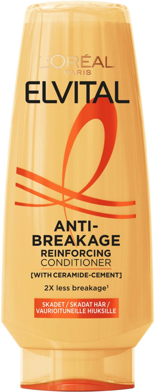 En flaske L'Oréal Elvital Anti-Breakage Reinforcing Conditioner med Ceramide-Cement. Oransje og beige design. Teksten beskriver produktet.