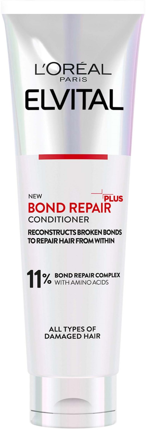 Een haarconditioner van L'Oréal Paris Elvital Bond Repair Plus voor beschadigd haar, met belangrijke kenmerken op de verpakking.