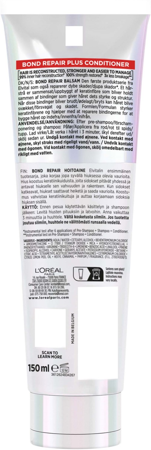 Een tube Bond Repair Plus Conditioner met rood, wit en roze labels, bevat 150 ml.