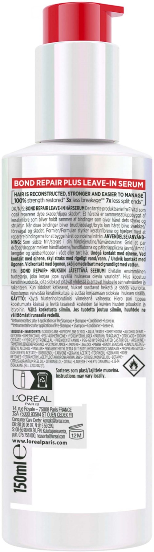 Valkoinen pullo punaisella pumpulla merkinnällä Bond Repair Plus Leave-In Serum vaurioituneille hiuksille.