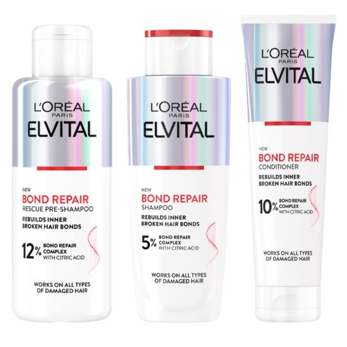 Tre hårpleieprodukter fra L'Oréal Paris Elvital, for skadet hår, inkludert sjampo, skyll og balsam.