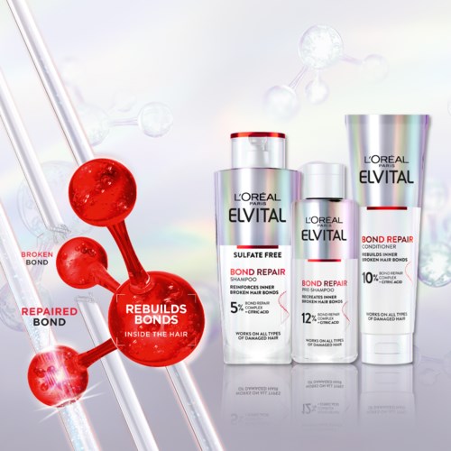 Hårpleieprodukter fra L'Oreal Elvital for å reparere og bygge opp hårbånd, med vitenskapelige graveringer av molekyler.