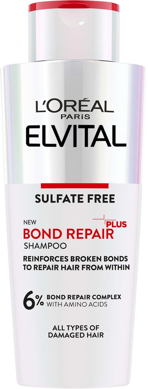 Een shampoo fles met het label L'Oreal Elvital Sulfate Free Bond Repair Plus voor beschadigd haar.