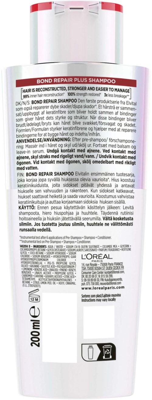 Een witte fles Bond Repair Plus Shampoo met een rood en paars label, 200ml inhoud.