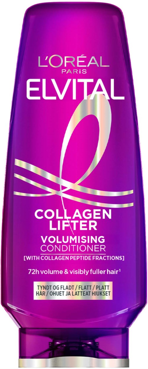 Lila Flasche von Loreal Elvital Collagen Lifter volumisierenden Conditioner mit Text und Logo.