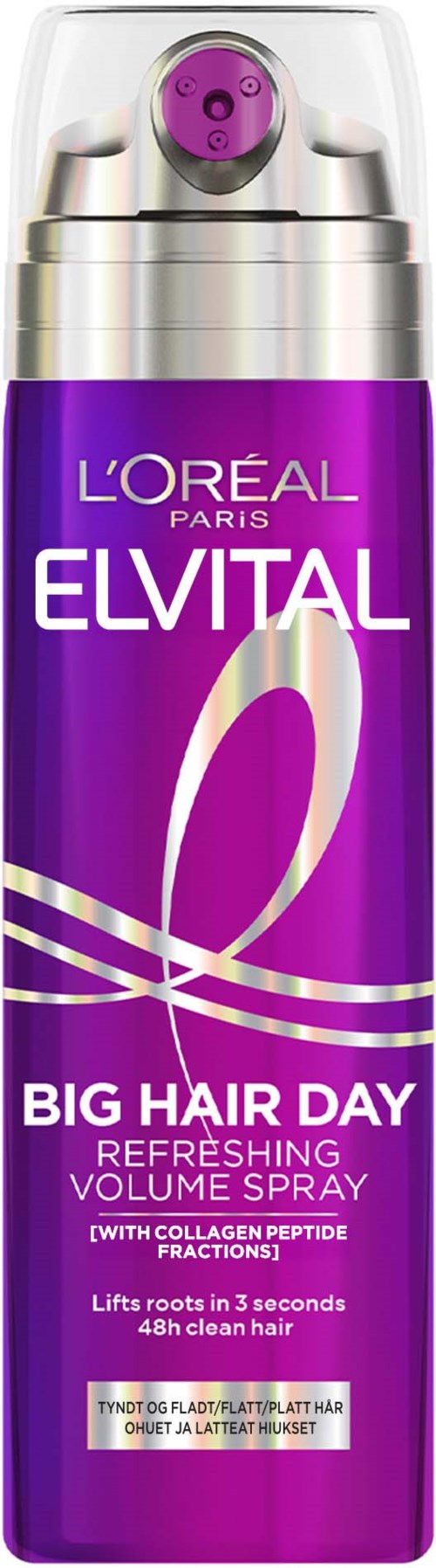 A purple can of L'Oreal Elvital Big Hair Day volume spray with silver and white writing and a silver cap.