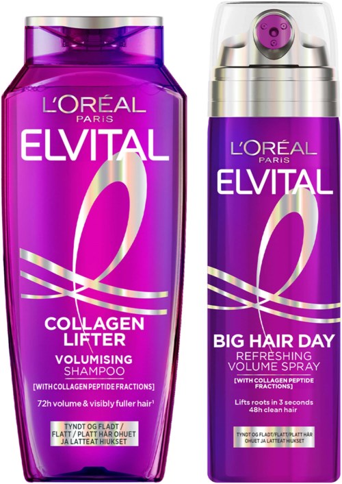 Twee paarse haarverzorgingsproducten van L'Oréal Elvital voor volume en haarlift, inclusief shampoo en spray.