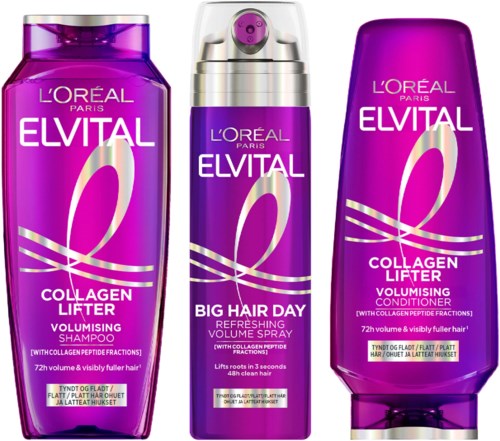 Drie paarse haarverzorgingsproducten voor volume en glans: shampoo, spray, en conditioner van L'Oréal Elvital.