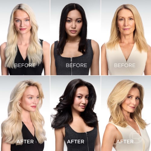 Zes vrouwen tonen voor en na haar of make-up verbeteringen, met veranderingen in kapsels en gezichtsuitdrukkingen.
