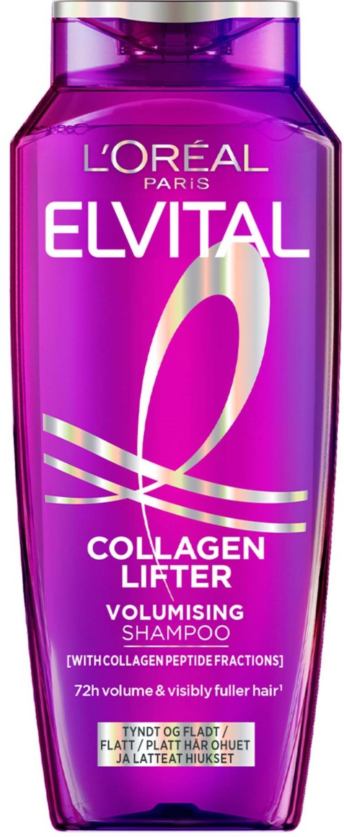 Paars flesje shampoo met L'Oréal Elvital Collagen Lifter, voor volumineus haar, met 72 uur volume-effect.