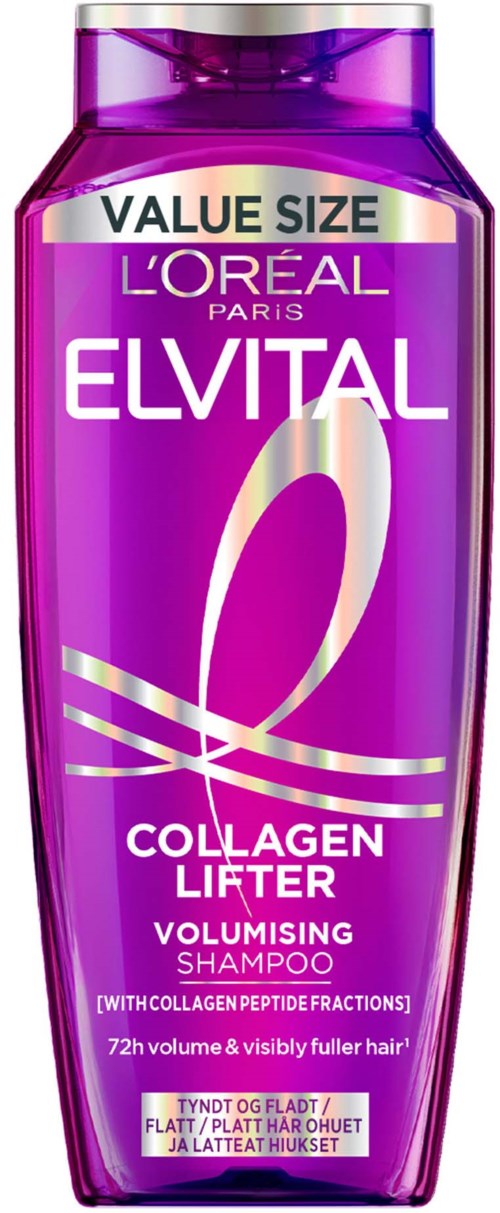 Eine lila Shampoo-Flasche mit weißen und goldenen Texten und einer geschwungenen Gestaltung.