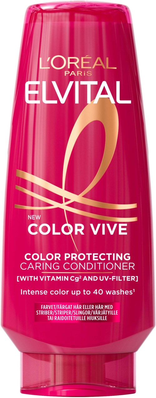 En rosa flaska med L'Oréal Elvital Color Vivé balsam med guld- och vit text och design.