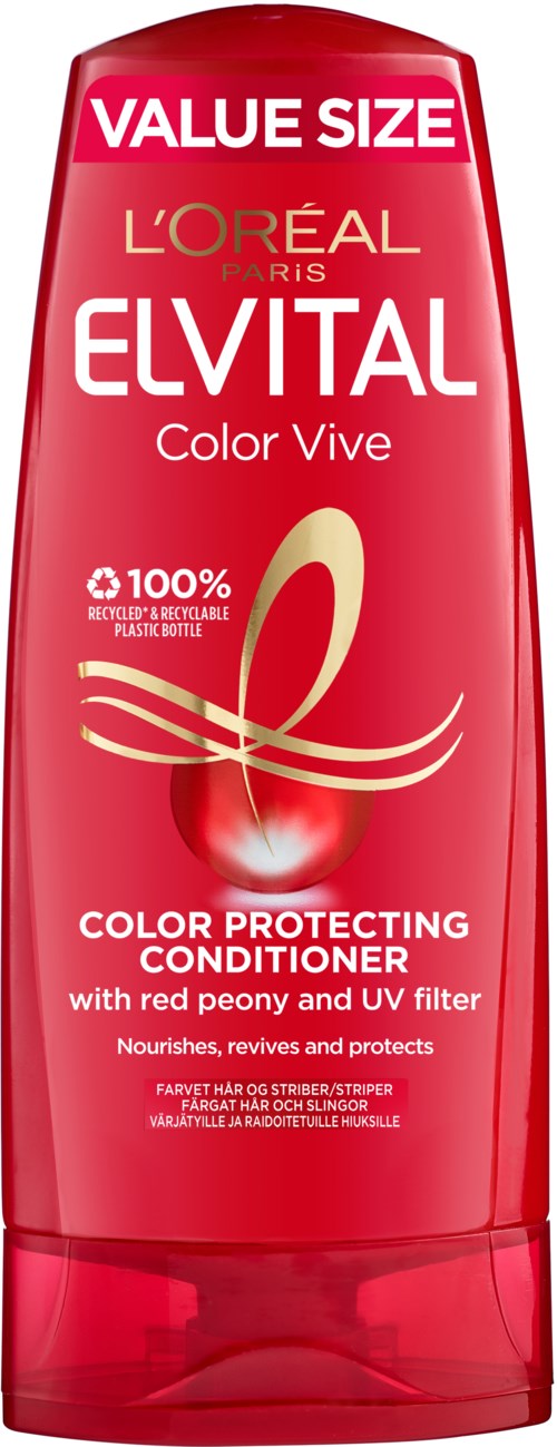 En röd flaska med L'Oreal Elvital Color Vive balsam med guldvirvel och vit text, som sägs skydda färgen.