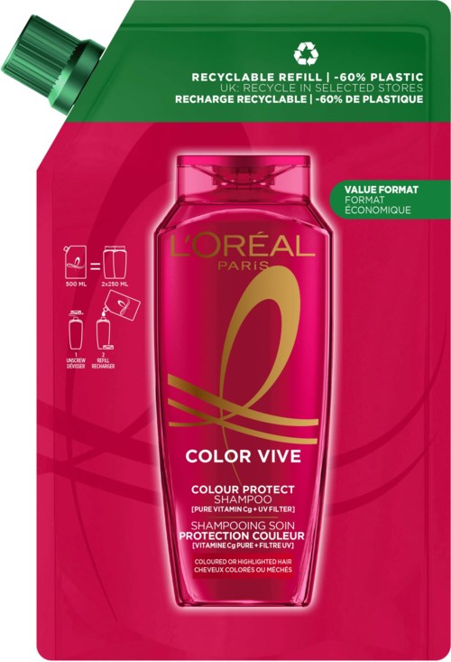 Eine Shampoo-Flasche in Verpackung mit pinken und grünen Farben, gekennzeichnet L'Oreal Color Vive, mit Recyclinginformationen.