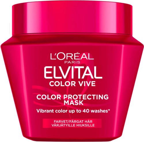 En lysende rosa krukke med hårkur med hvit og rosa tekst fra L'Oreal Paris Elvital-merket.