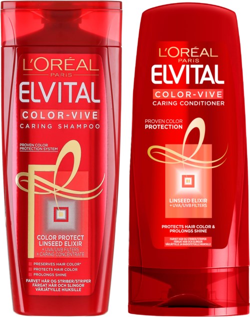 Två röda flaskor av L'Oréal Elvital Color-Vive schampo och balsam, med guld- och vit text och design.