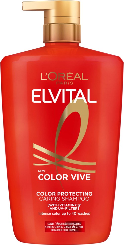 Rød sjampo-flaske med gullhette, merket L'Oréal Elvital Color Vive, for fargeskjerming og pleie.