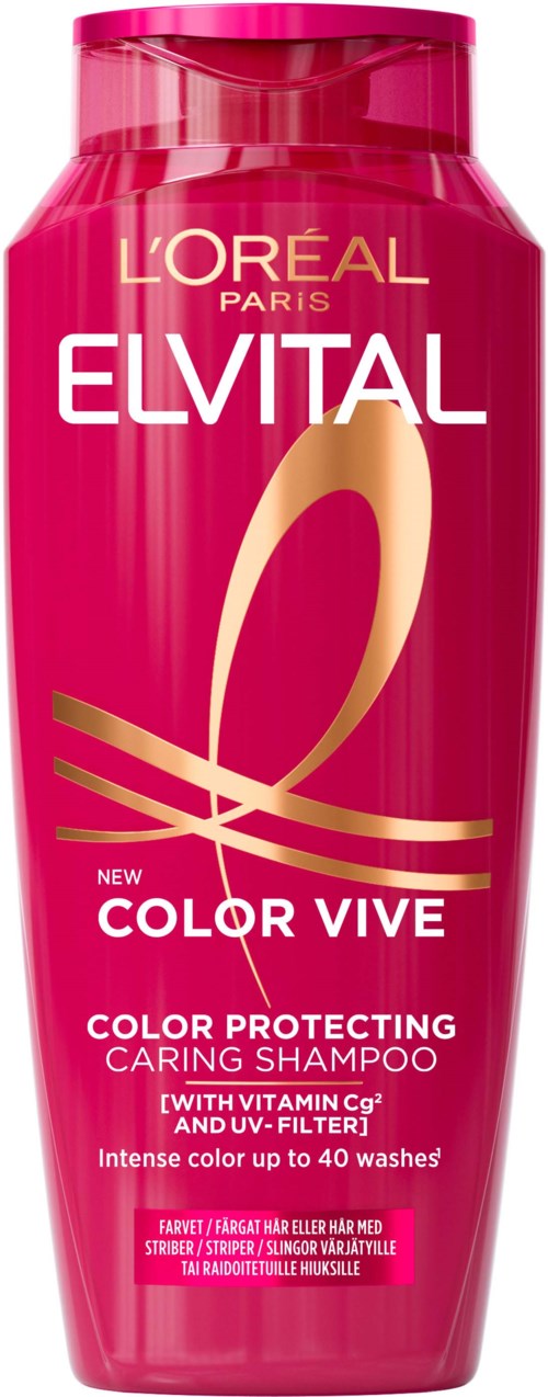 En rosa flaske med L'Oréal Elvital Color Vive sjampo med gull- og hvittekst, som fremhever beskyttelse og pleie for farget hår.