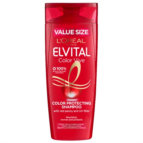 Rødt sjampoflask merket ELVITAL Color Vive, med en peonillustrasjon og UV-filter, for å beskytte og næring hår.