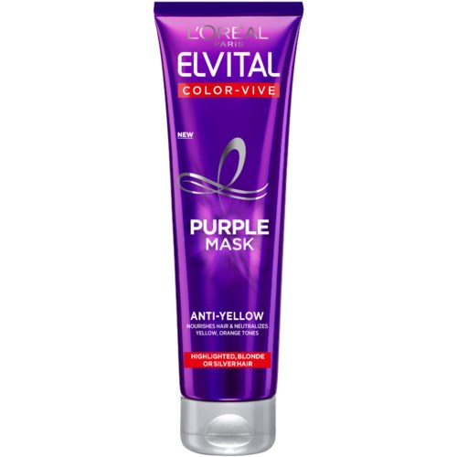 En lila tub med L'Oréal Elvital Color-Vive Purple Mask för blont eller silverhår. Den hjälper att neutralisera gulton toner.