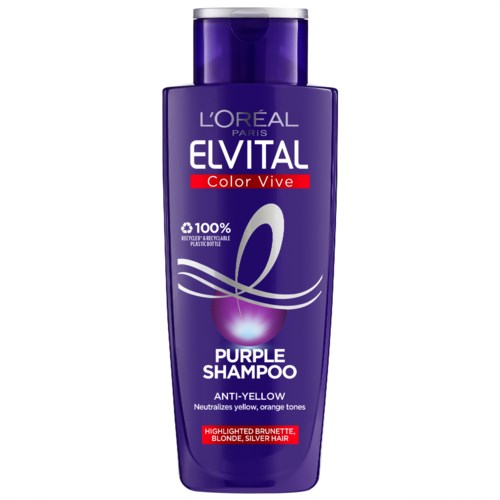 Lila schampoburk för blont och silverhår, neutraliserar gula toner, från L'Oreal Elvital, med lila design.