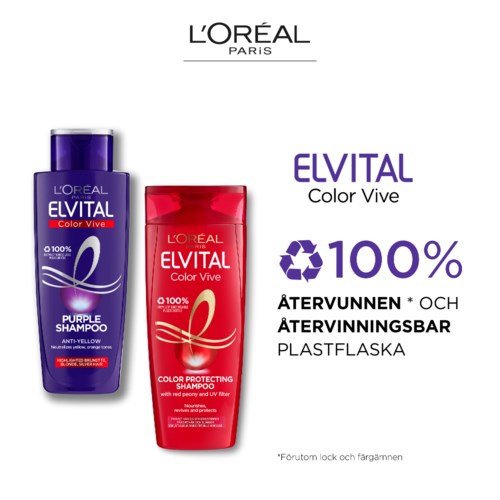 Två flaskor Elvital Color Vive schampo, en lila och en röd, med text om återvinning och återanvändning.