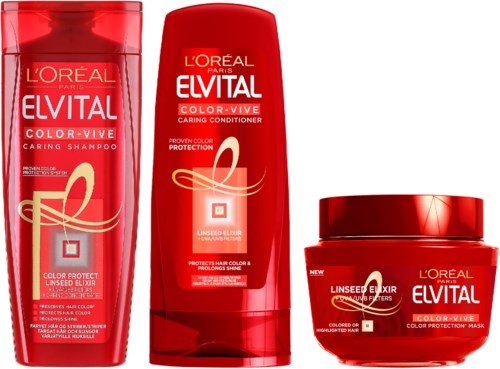 Tre röda hårvårdsprodukter: schampo, balsam och mask, alla från L'Oréal Elvital Color-Vive-serien.