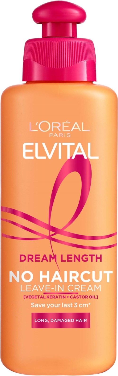 En flaska Loreal Elvital Dream Length No Haircut Leave-In Cream för långt, skadat hår.