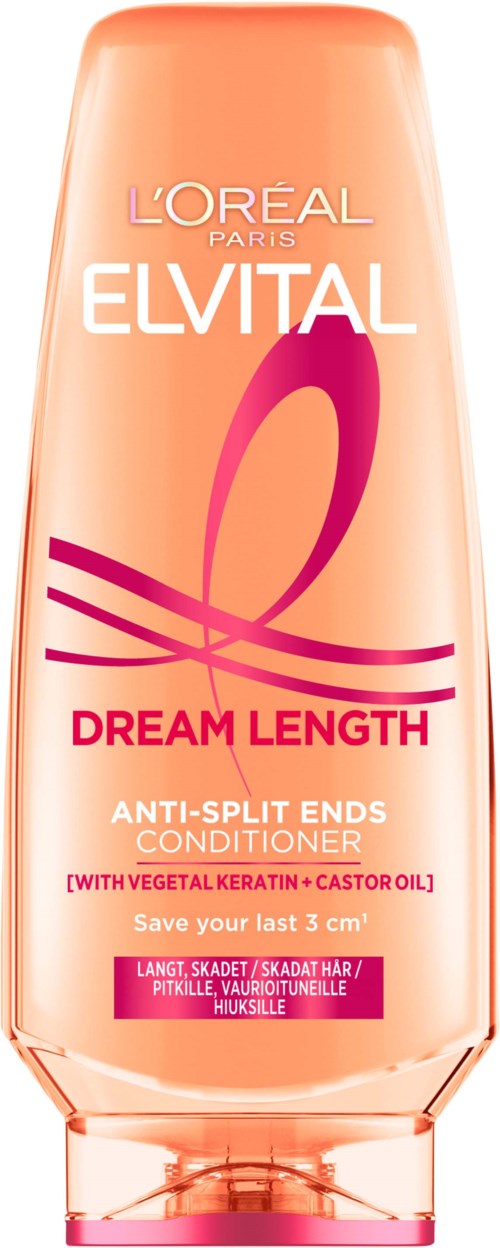 En flaska av Elvital Dream Length balsam mot kluvna hårtoppar med rosa och orange design.