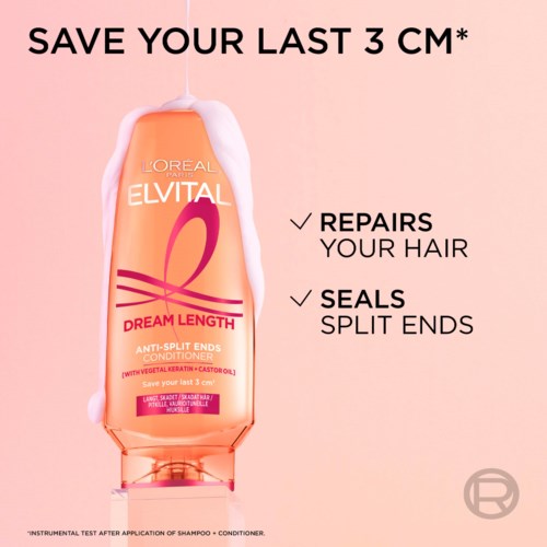 L'Oreal Elvital Dream Length conditioner bottle with pink and orange design, promoting hair repair and split end sealing.