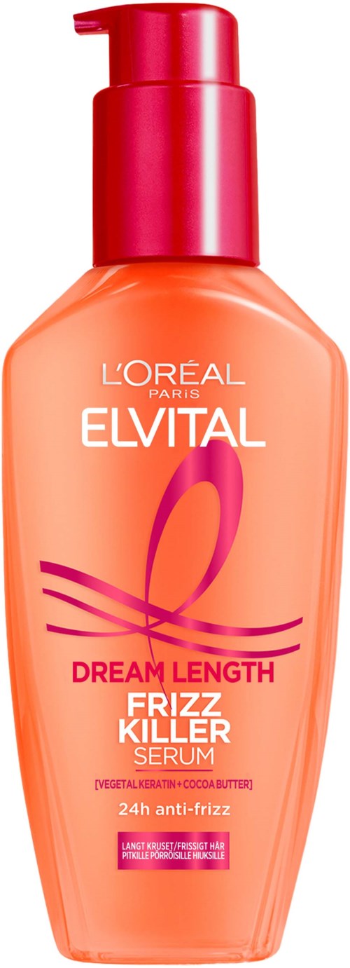 En persikfärgad flaska med röd pump, märkt 'L'Oréal Paris Elvital Dream Length Frizz Killer Serum' för hårvård.