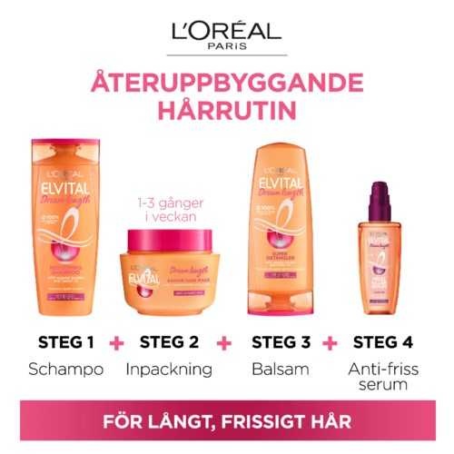 L'Oréal Elvital hårvårdsprodukter för långt, friskt hår, inklusive schampo, balsam, behandling och serum.