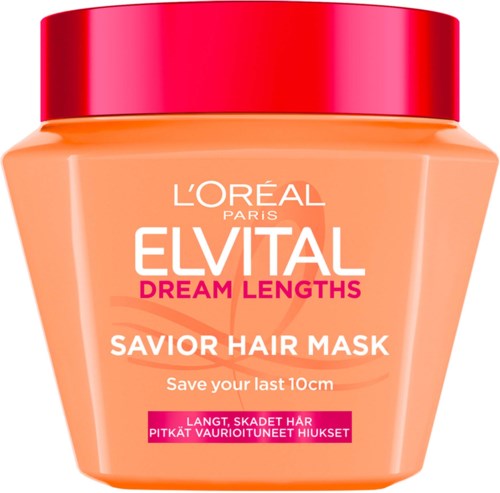En burk med L'Oréal Elvital Dream Lengths Savior Hair Mask för långt och skadat hår.