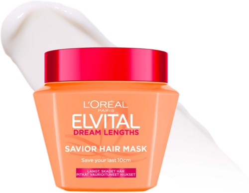 En burk med L'Oreal Elvital Dream Lengths hårmask med vit grädde bredvid.