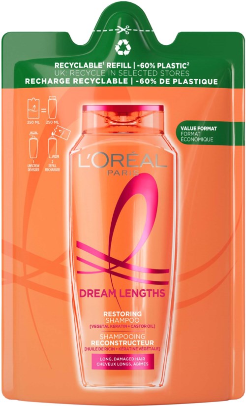 L'Oréal-Shampoo in orange Verpackung mit pink und lila Designs, Labels zu Recycling und Haarrestaurierung.