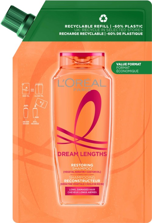 Eine grüne und orangefarbene Nachfüllpackung für Shampoo mit einer Flasche L'Oreal Dream Lengths Restoring Shampoo, mit Text zu Recycling und Produktdetails.
