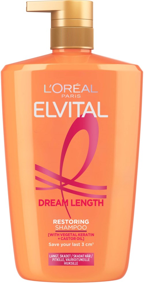 Persikan värinen shampopullo kultaisella pumpulla, merkitty L'Oréal Elvital Dream Length Restoring Shampoo.