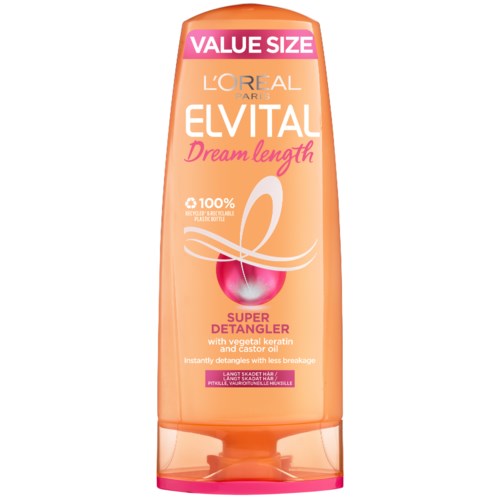 L'Oréal Elvital Dream Length schampo, rosa och orange flaska, erbjuder superbra utredning med keratin och ricinolja.
