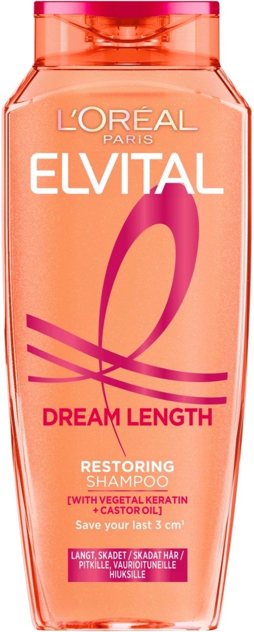 Een roze en oranje shampoo flesje met het label Loreal Elvital Dream Length Restoring Shampoo met plantaardig keratine en castor olie.