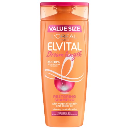 En flaska Elvital Dream Length Restoring Shampoo med orange och rosa färger, och en vit rosett.
