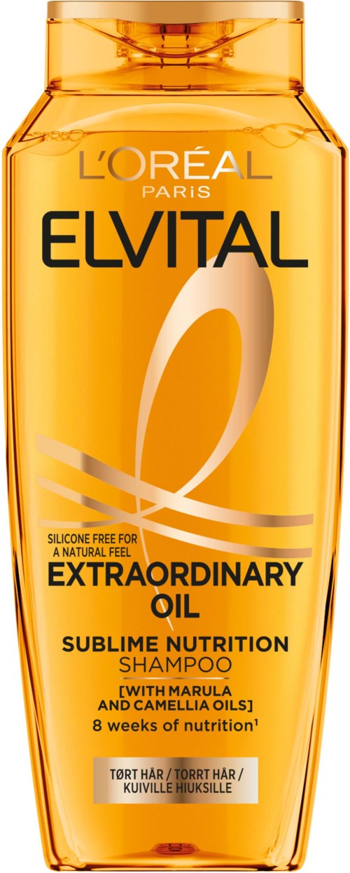 Kullanruskea shampoo- pullo nimeltä Elvital Extraordinary Oil, sisältää marula- ja kameniaineita, ravitsee 8 viikkoa.