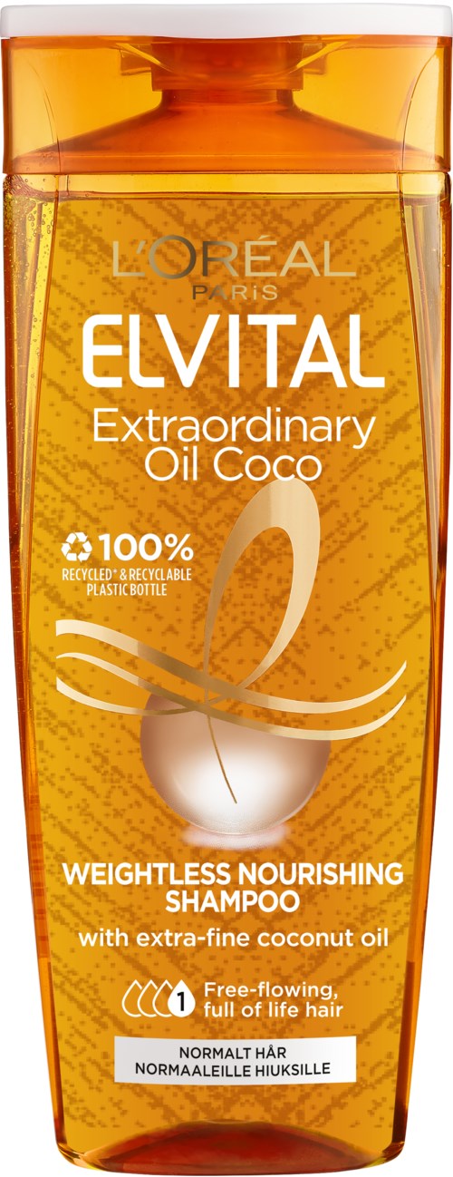 Värivä shampoo-pullo, merkki L'Oréal Elvital Extraordinary Oil Coco, normaalille hiuksille.